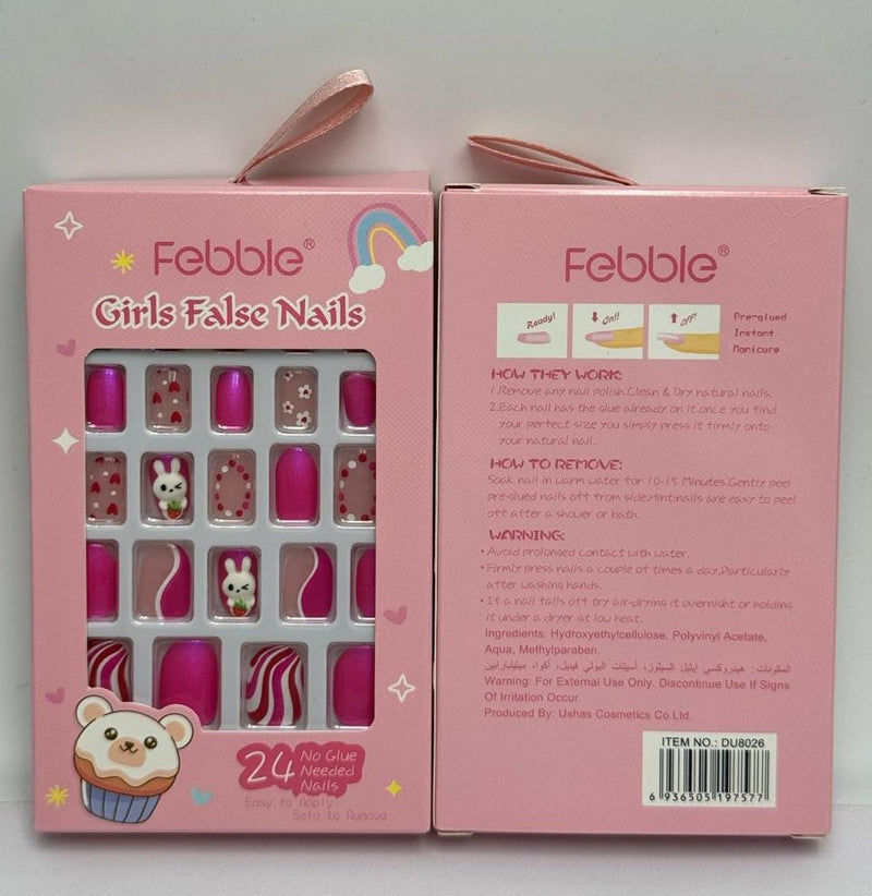 🐰 Febble Kids Pink Bunny Press-On False Nails – 24 Pieces