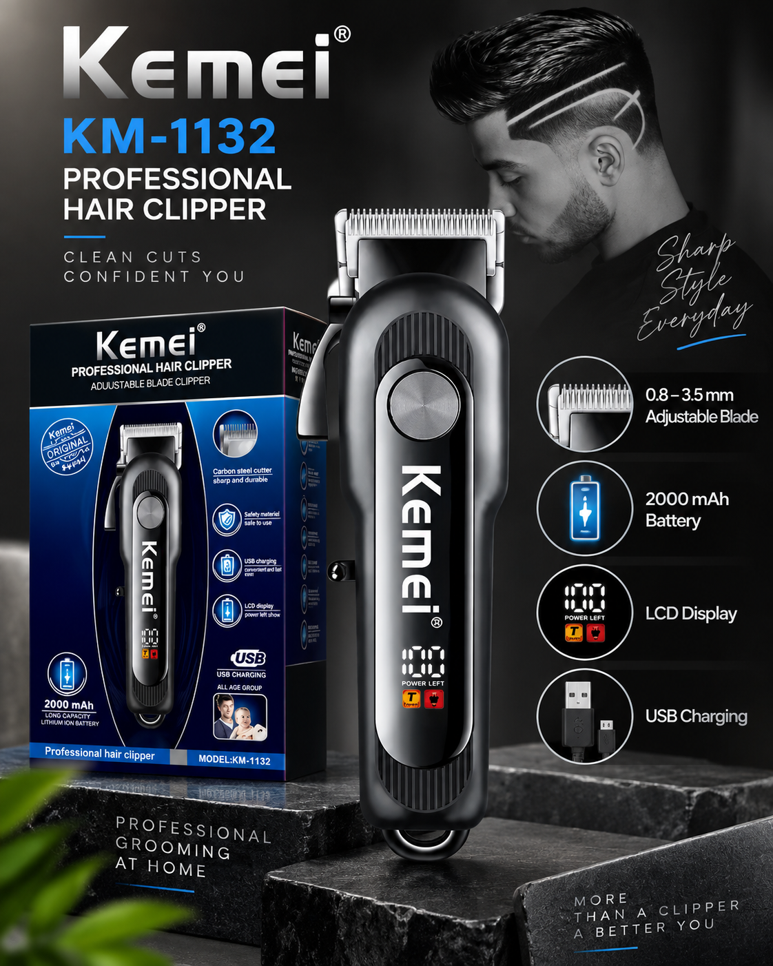 Professional Hair & Beard Trimmer for Men – Cordless Rechargeable Grooming Tool